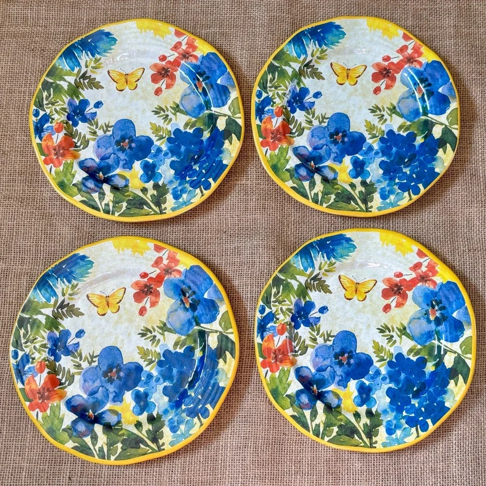 Pier 1 Floral Butterfly Melamine Plate Set Picnic Camper Cottage Core Artsy